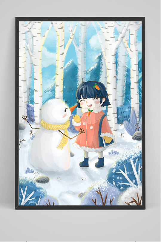 精品在白桦林中堆雪人的女孩插画设计