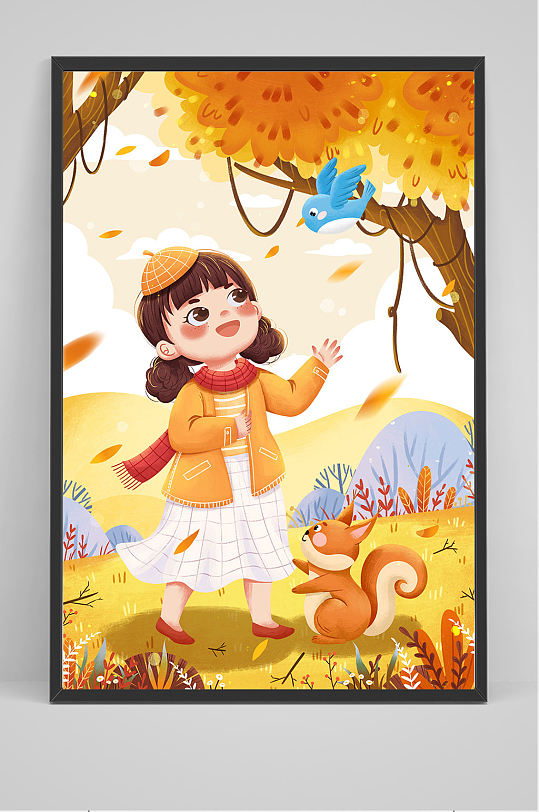 精品手绘秋季树林中小女孩和小鸟插画设计