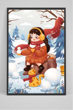 手绘坐在树桩玩雪球的女孩插画设计