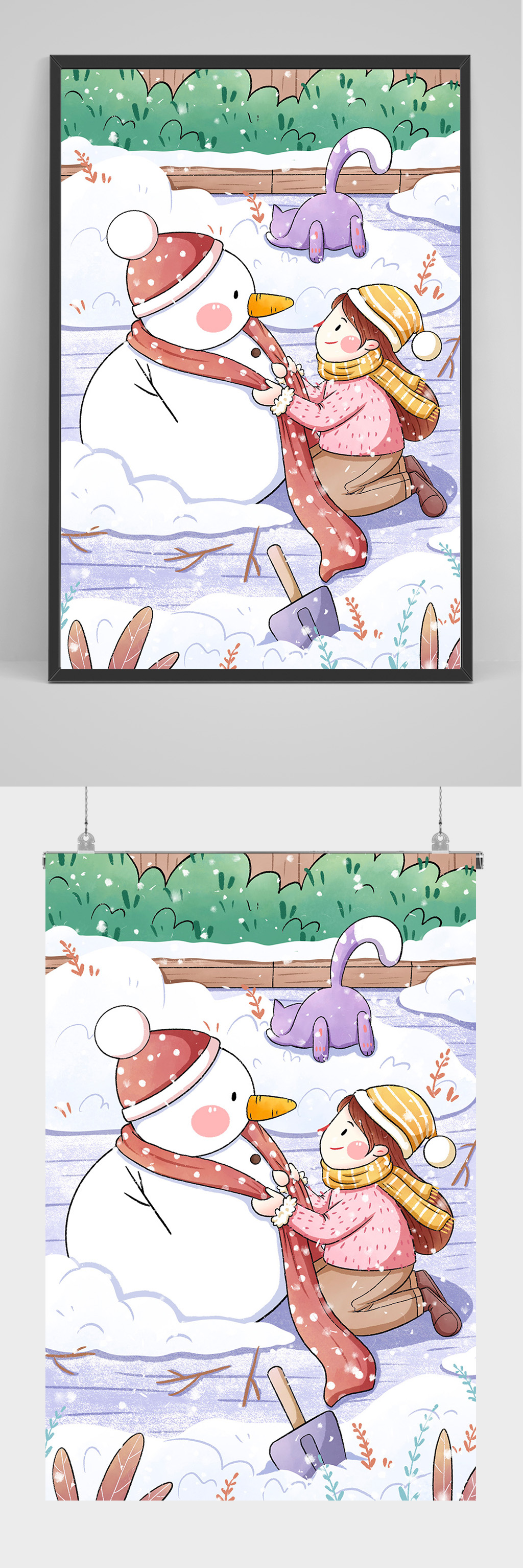 精品手绘女孩堆雪人插画设计素材