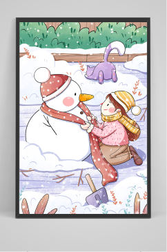 精品手绘女孩堆雪人插画设计