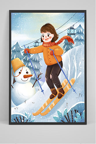 手绘女孩滑雪和雪人插画设计