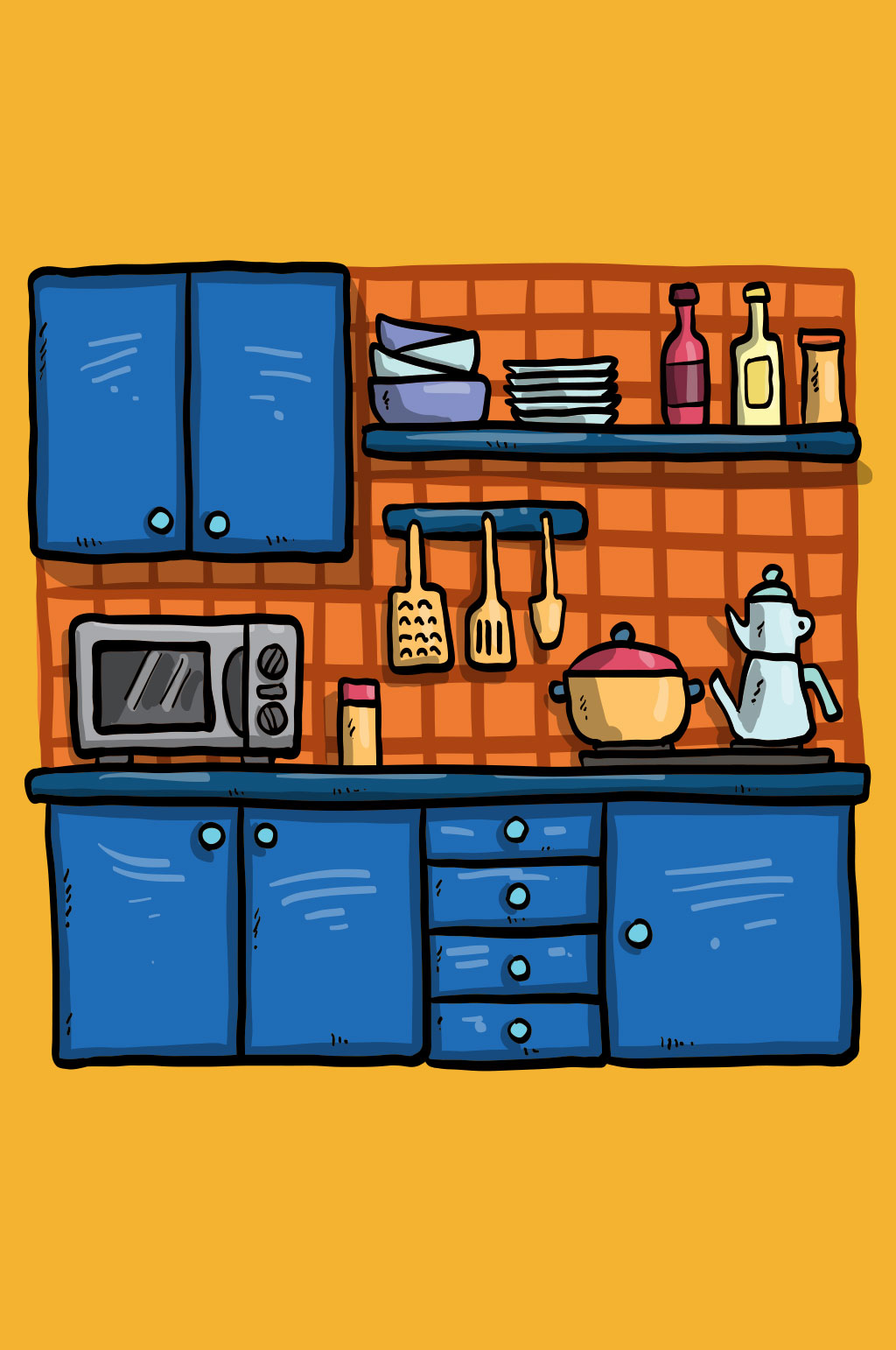 卡通蓝色厨房设计矢量素材模板下载
