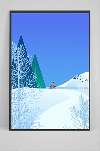 蓝色冬季雪地女孩骑自行车插画设计