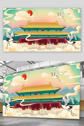手绘中国风古代建筑插画设计