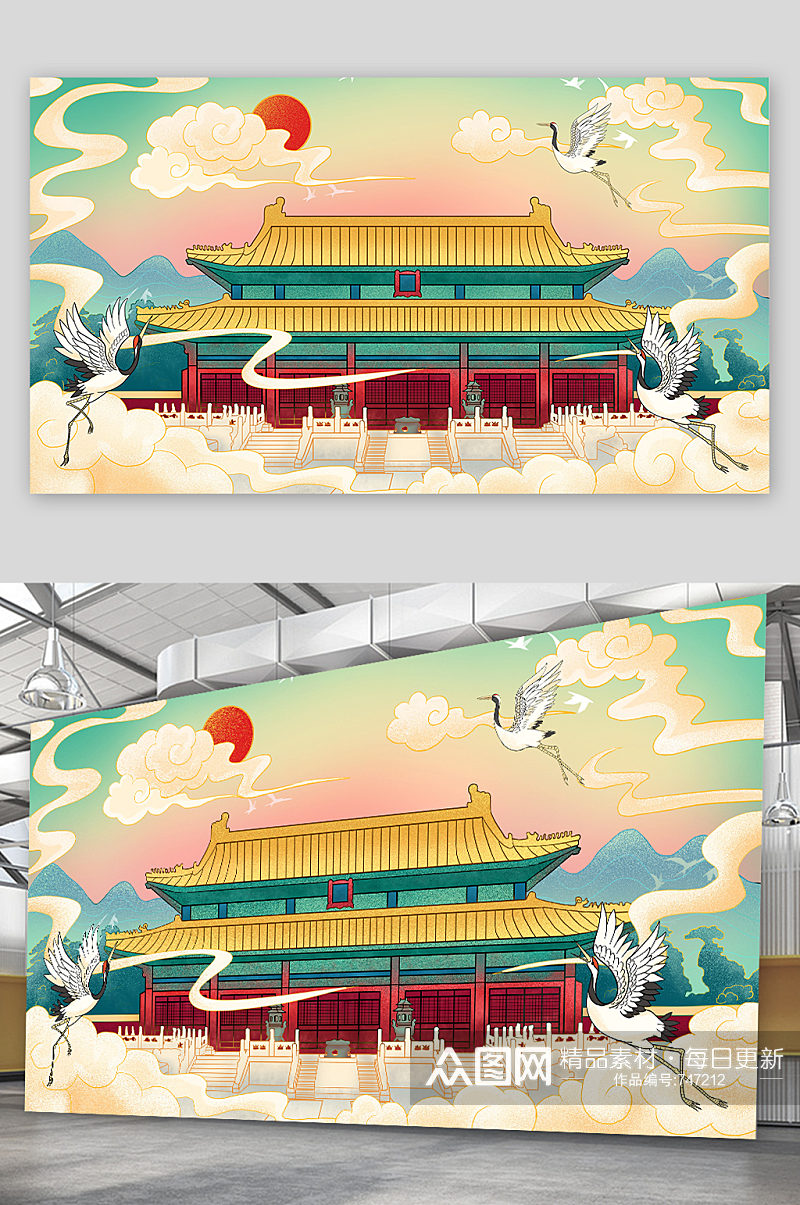 手绘中国风古代建筑插画设计素材