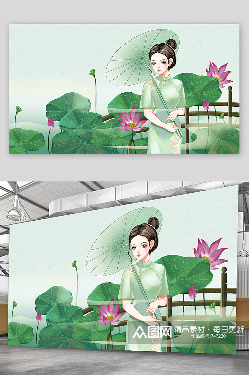 手绘荷塘古典美女插画设计素材