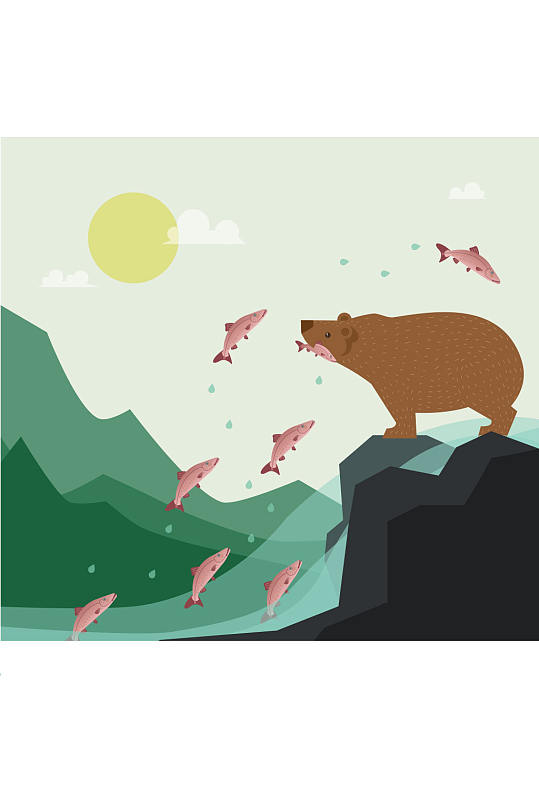 捕食鲑鱼的棕熊矢量素材