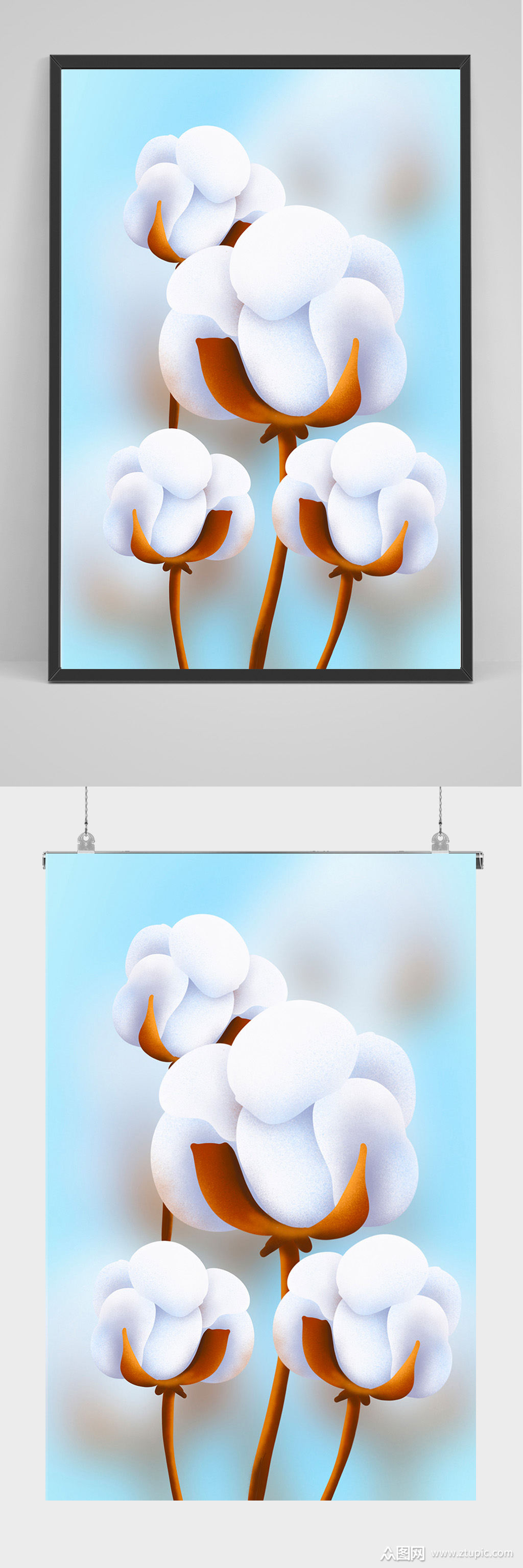 精品蓝色唯美棉花插画设计