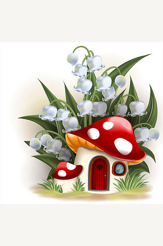卡通铃铛花下的蘑菇屋矢量素材