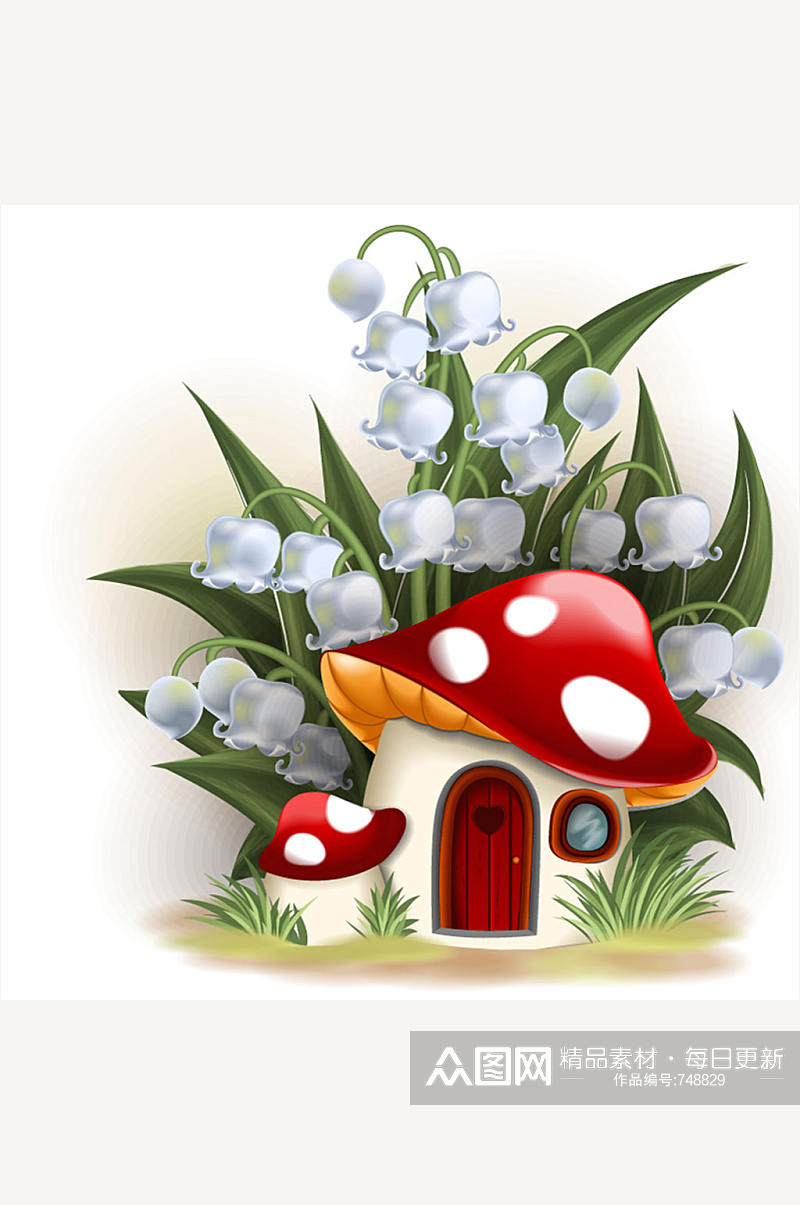 卡通铃铛花下的蘑菇屋矢量素材素材