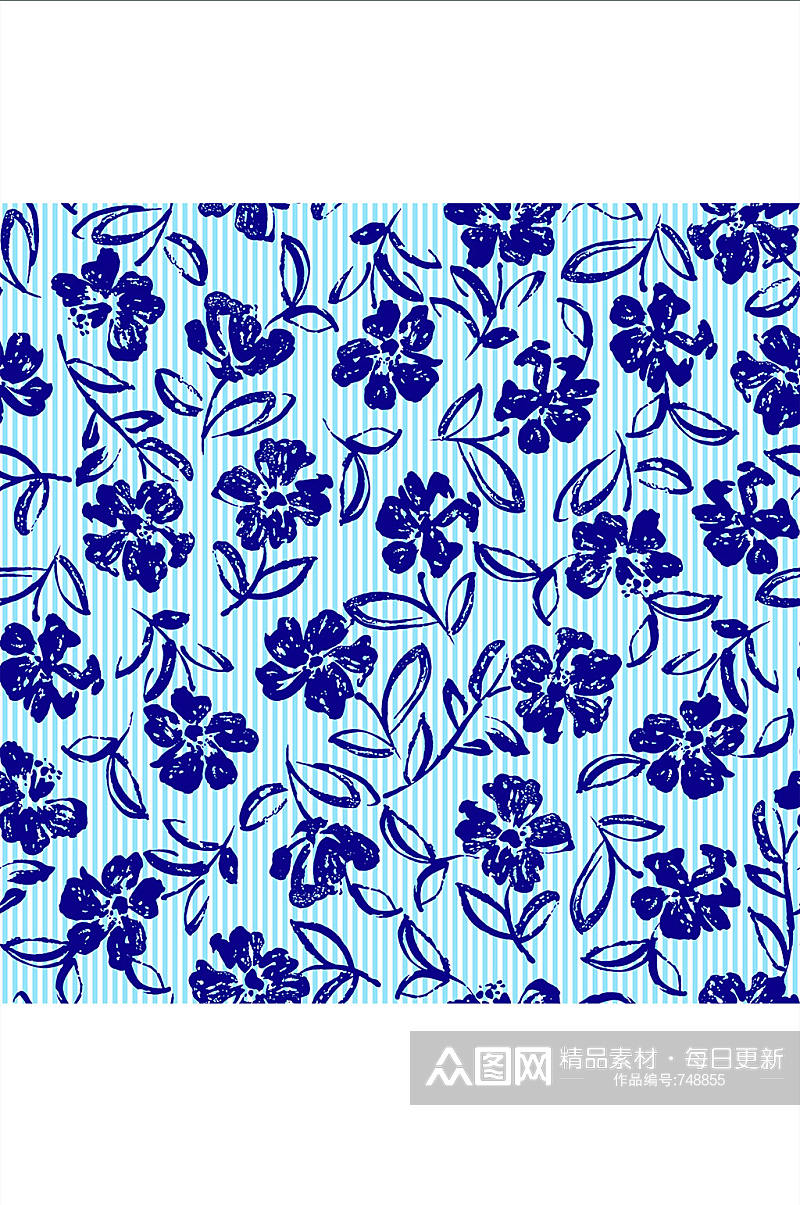手绘蓝色花卉无缝背景矢量图素材