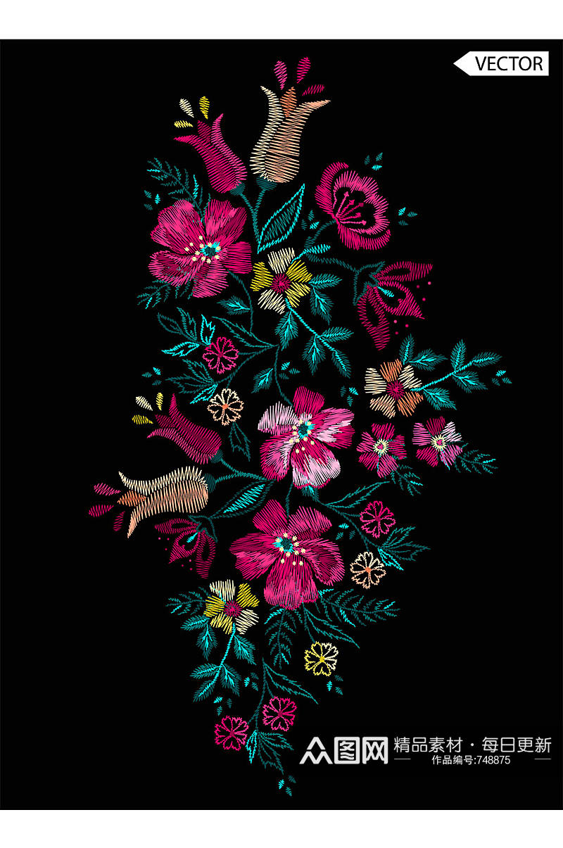 彩色刺绣花卉矢量素材素材