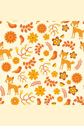 彩色狐狸和树叶无缝背景矢量素材