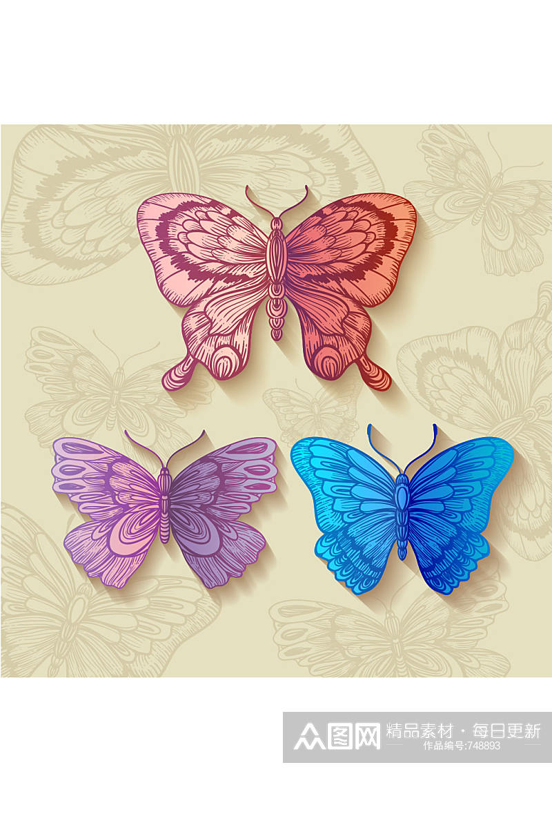 3款彩色花纹蝴蝶矢量素材素材