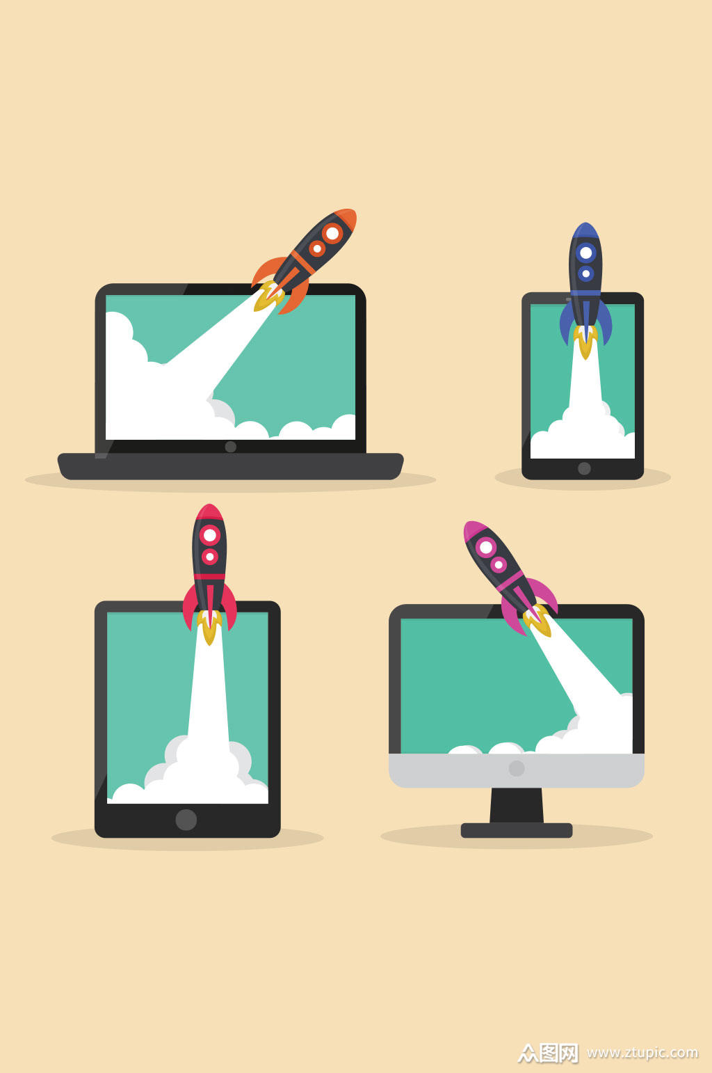 4款冲出屏幕的火箭矢量素材素材