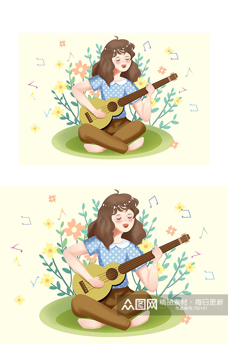 在草地上弹吉他的女孩插画设计素材