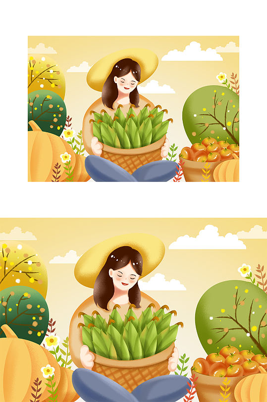 精品手绘女子材质玉米插画设计