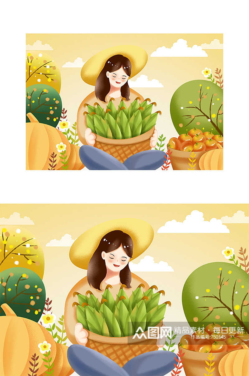 精品手绘女子材质玉米插画设计素材