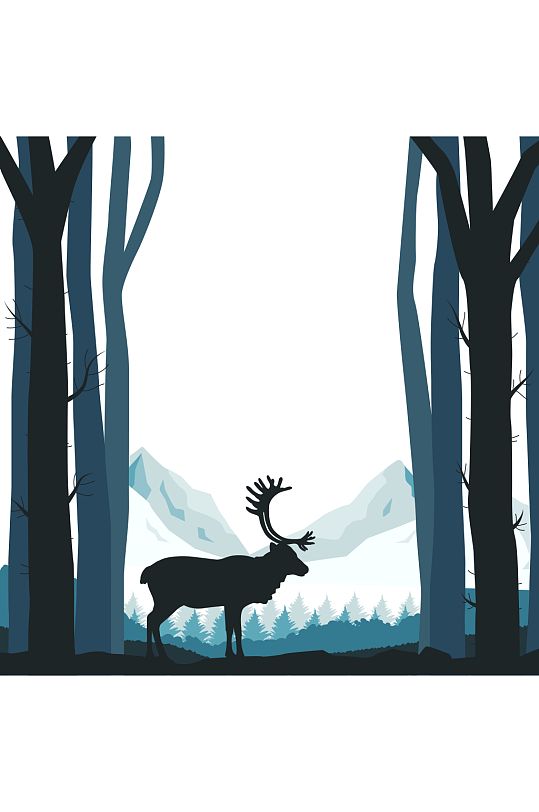 森林中的驯鹿剪影矢量图