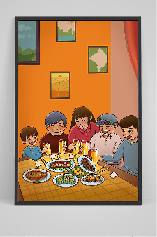一家人团聚吃团圆饭插画设计