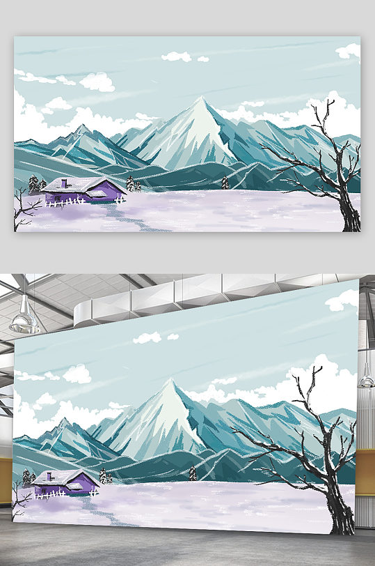 手绘冬季冰天雪地插画设计