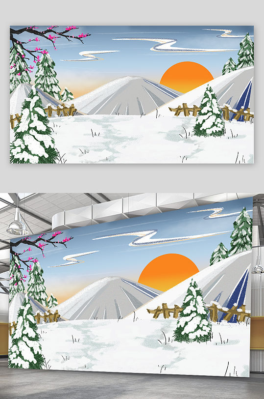 手绘冬季皑皑雪地插画设计