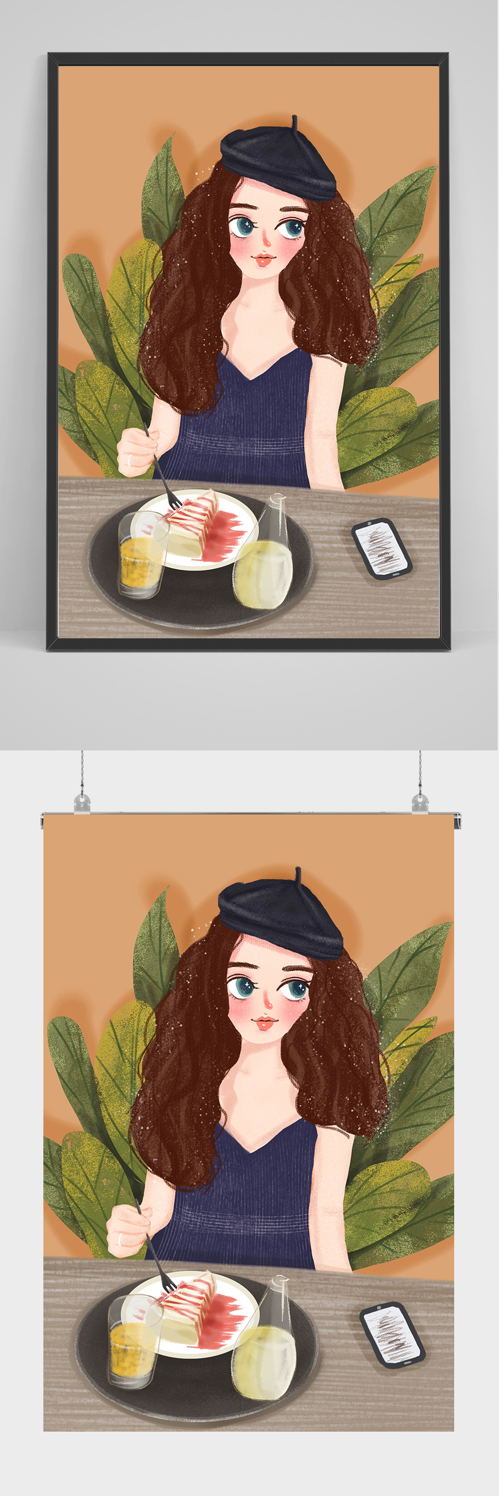 精品美女下午茶手绘插画设计素材