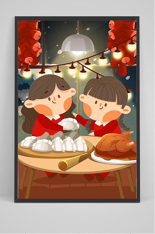 手绘传统包饺子人物插画