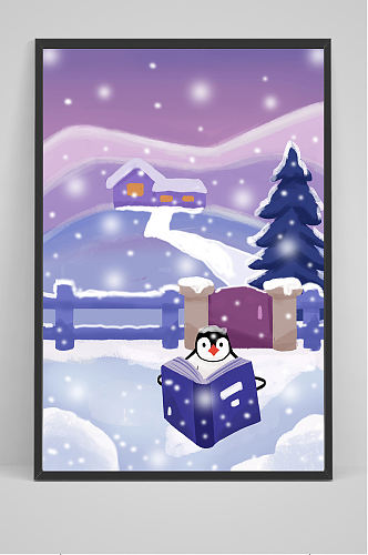 冬季雪地上企鹅在看书插画设计