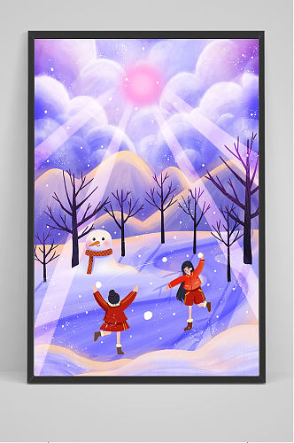 两个女孩在打雪仗插画设计