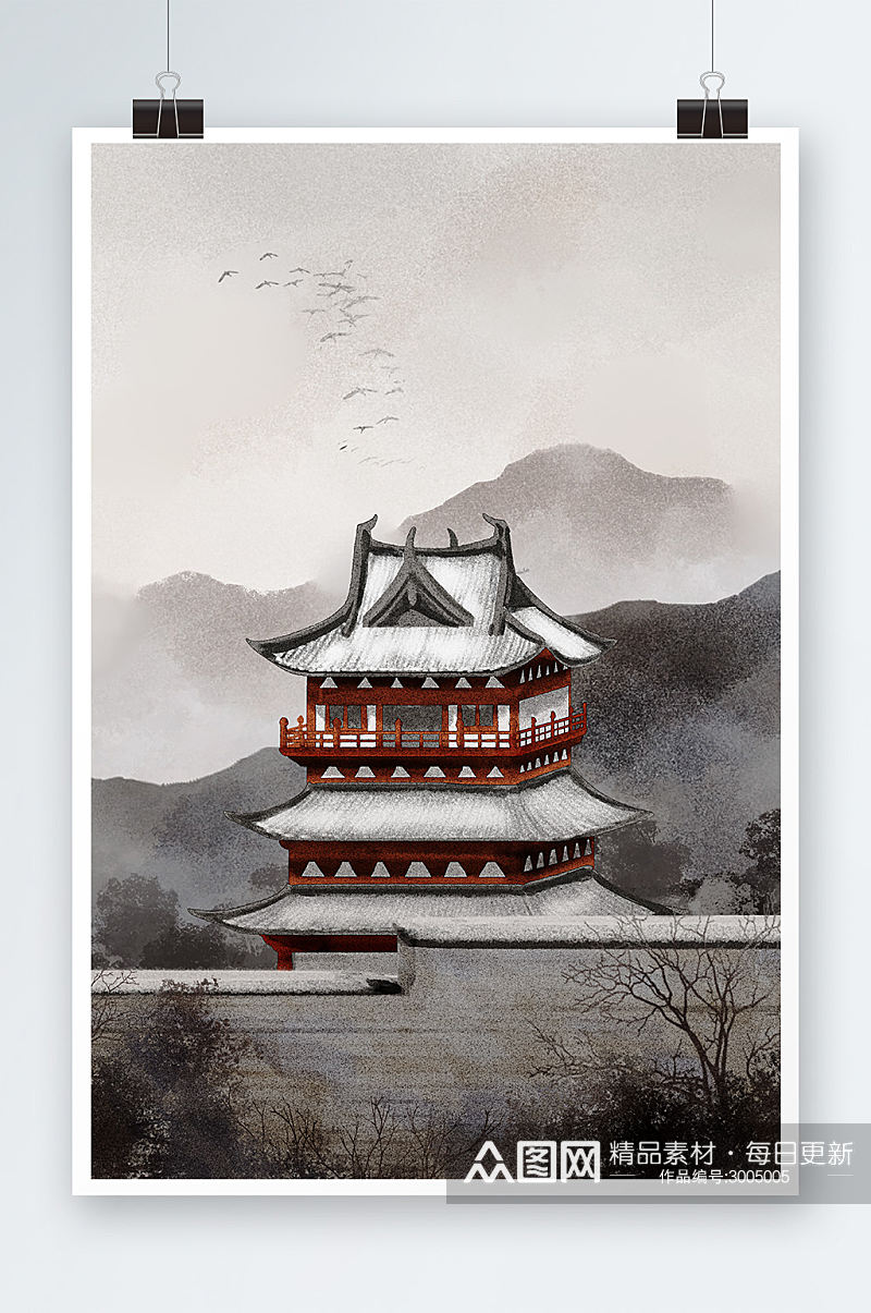 中国风古建筑手绘插画设计素材