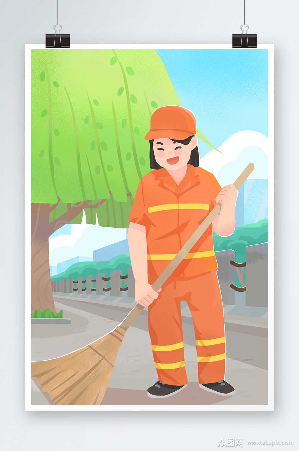 环卫工人手绘插画设计素材