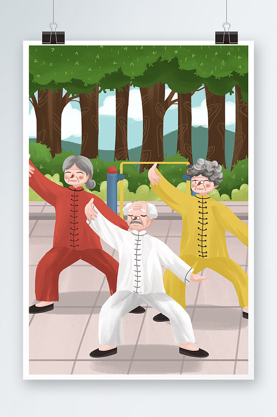 打太极拳的老年人手绘插画设计-众图网