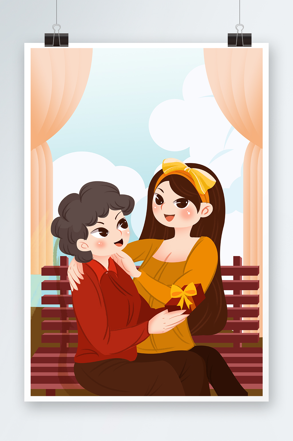 重阳思亲女孩手绘插画设计素材