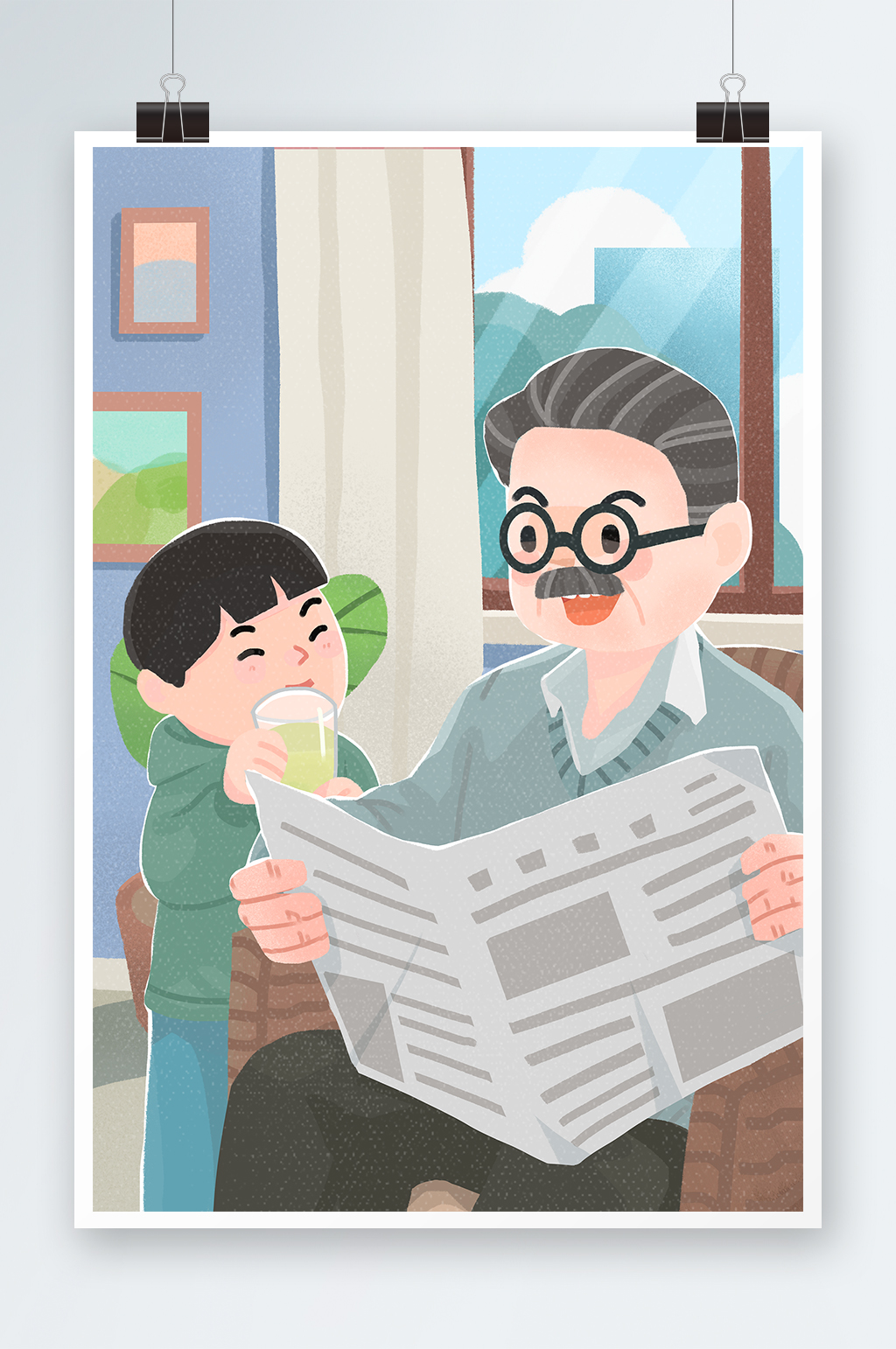 孙子和爷爷手绘插画设计