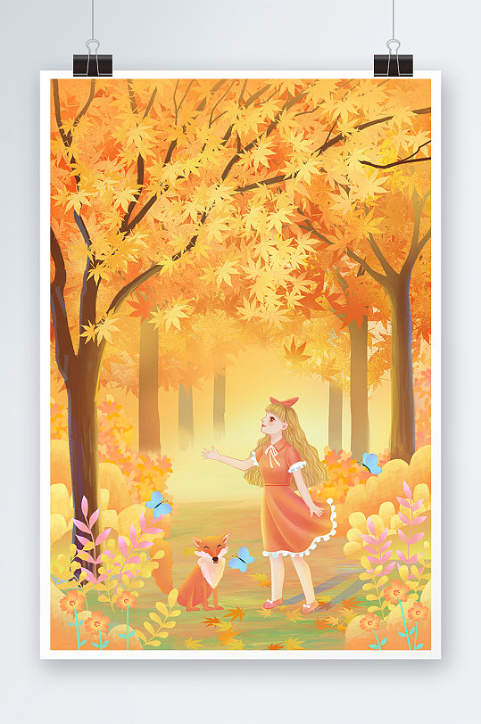 唯美秋季树林女孩动物手绘插画设计