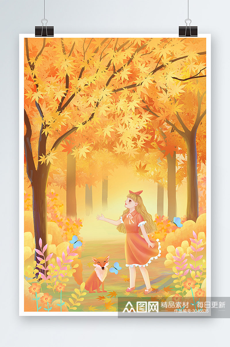唯美秋季树林女孩动物手绘插画设计素材