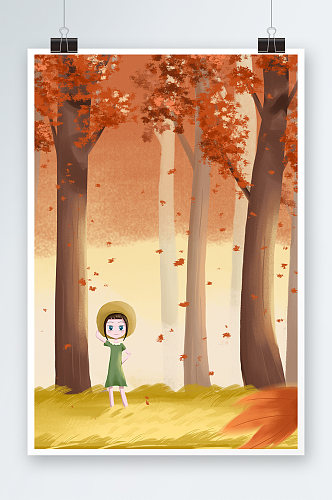 唯美秋季树林手绘插画设计