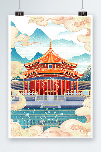 唯美中国风国潮建筑手绘插画设计