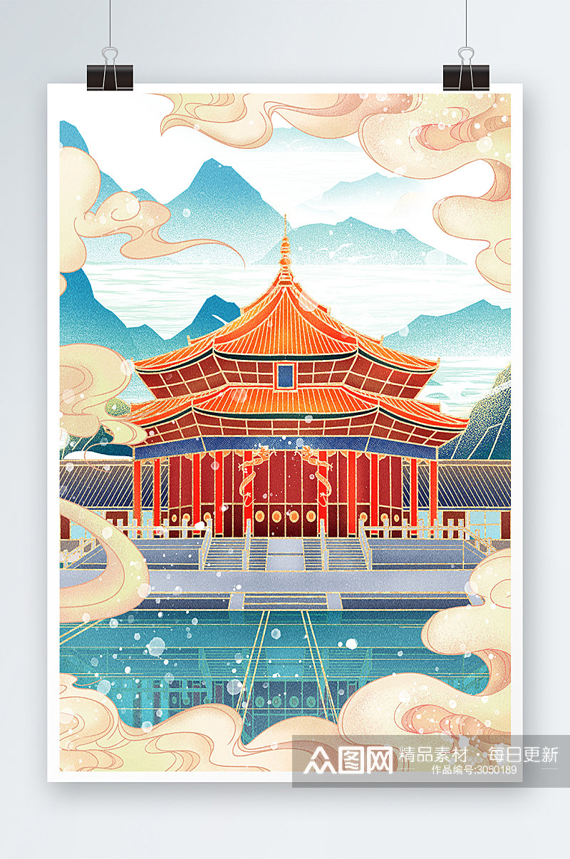唯美中国风国潮建筑手绘插画设计素材