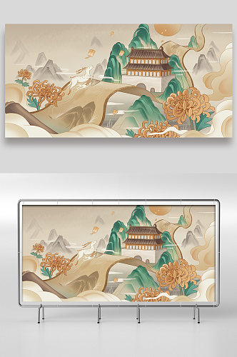 怀旧中国风重阳节手绘插画设计