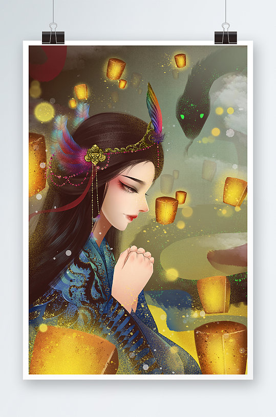 唯美求佛美女手绘插画设计