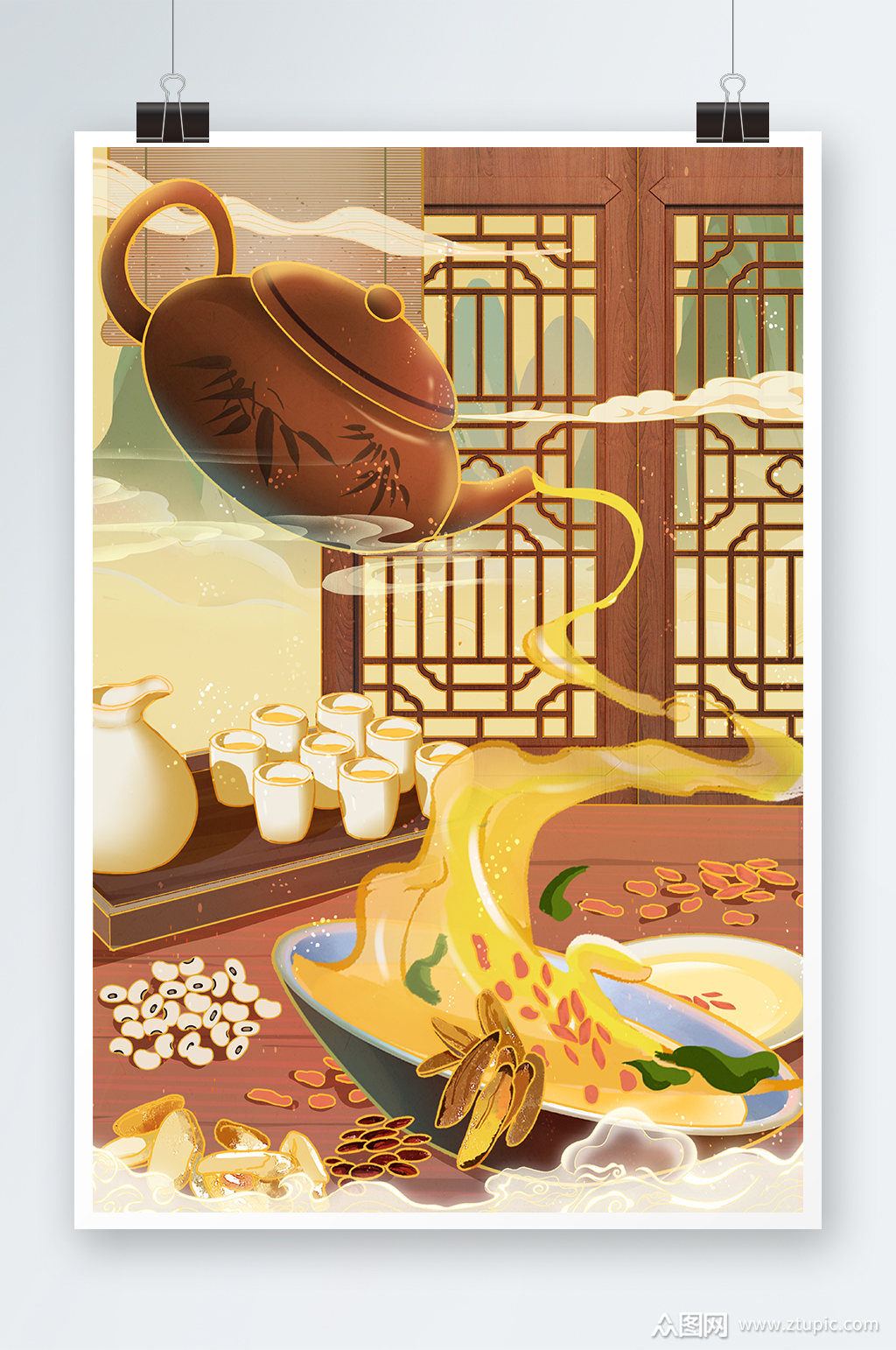 唯美中国风茶水手绘插画设计素材