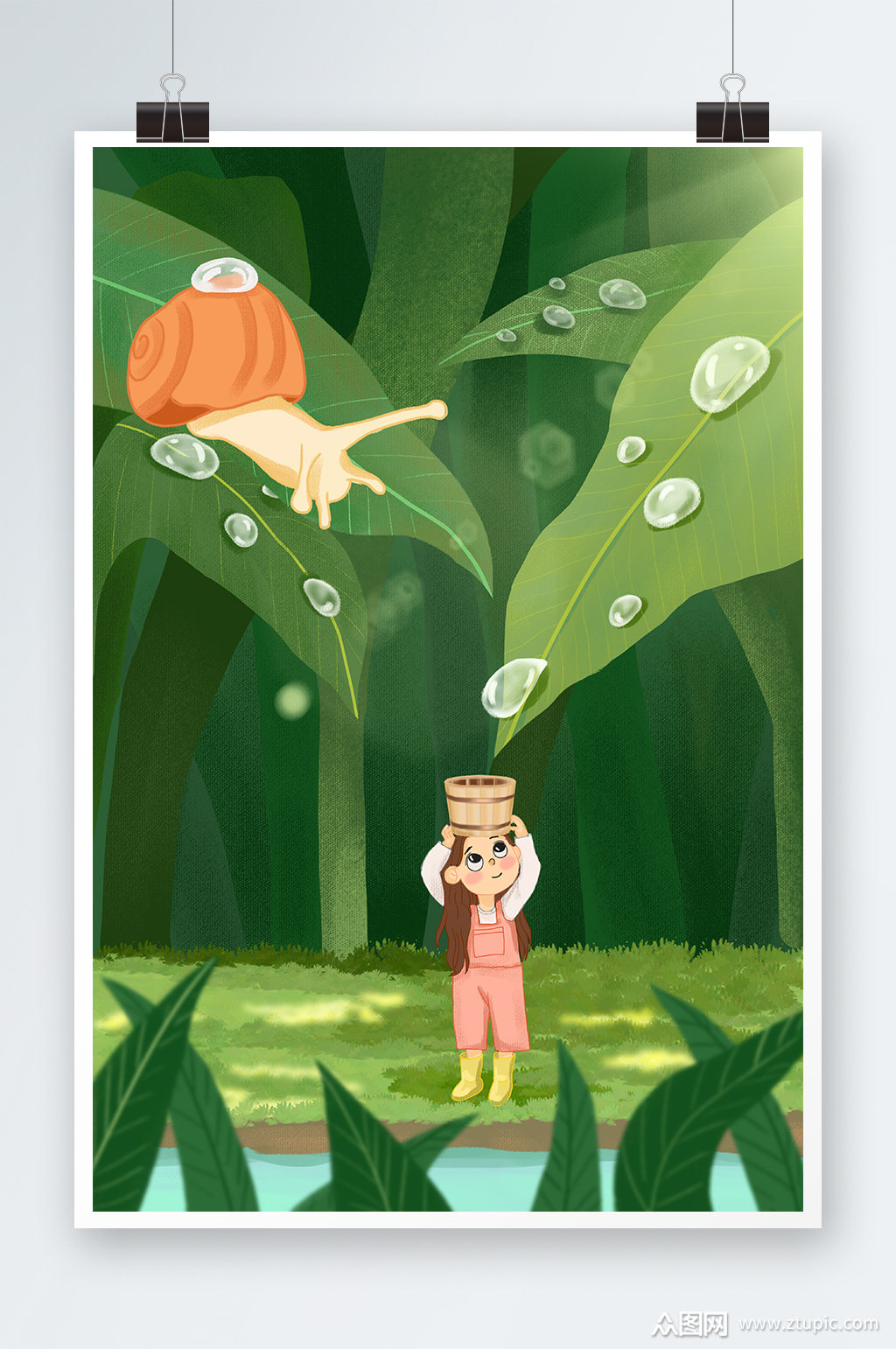 唯美治愈系露珠女孩手绘插画设计素材