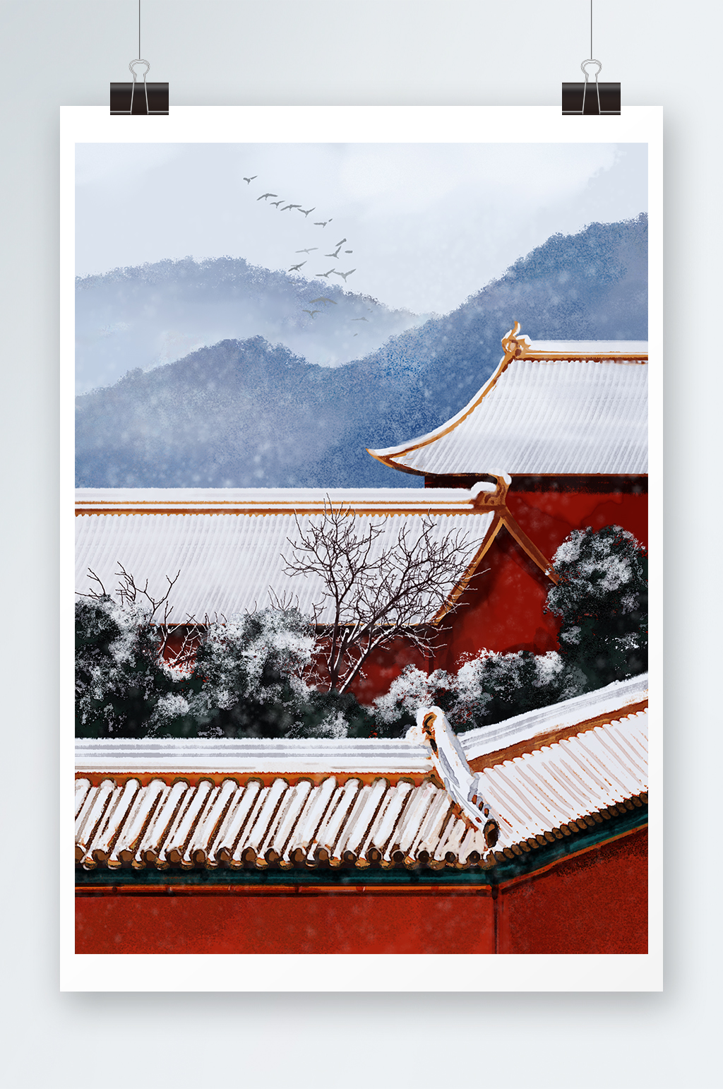 冬季下雪北京故宫手绘插画设计