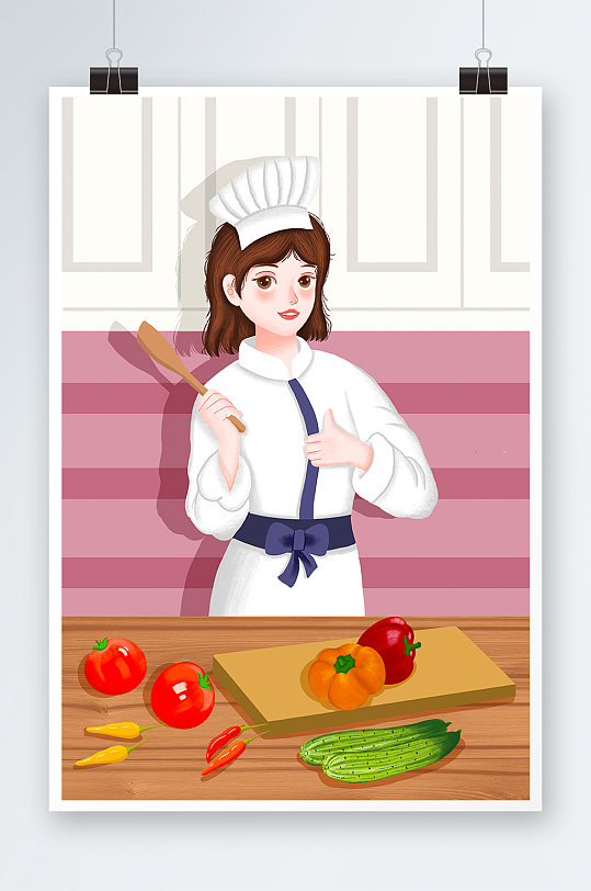 精品唯美美女厨师手绘插画设计