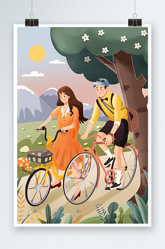 唯美男女骑单车手绘插画设计