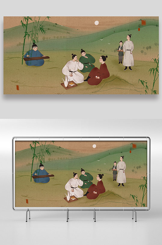 怀旧中国风弹琴歌赋手绘插画设计