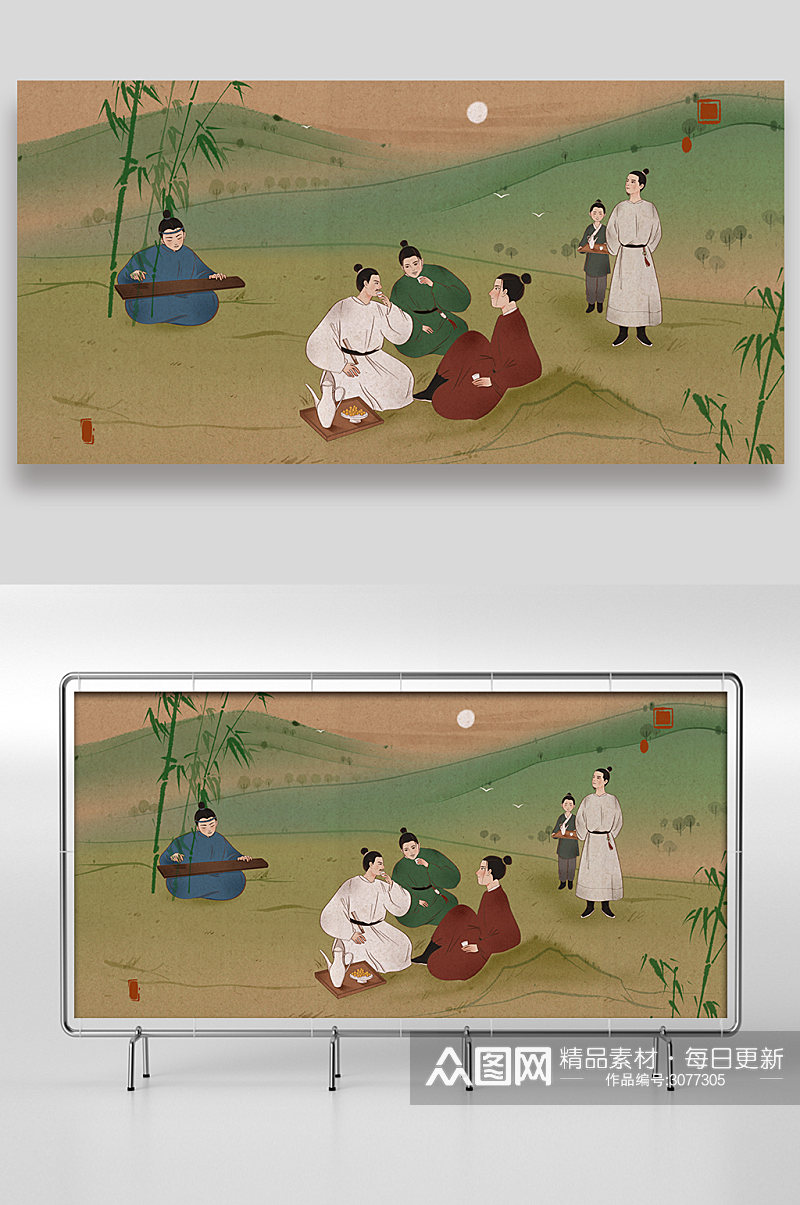 怀旧中国风弹琴歌赋手绘插画设计素材